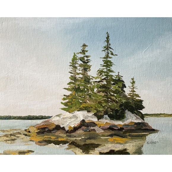 Original 8x10 Oil Painting Rocky Island Seascape with Mist and Blue Sky Signed - Picture 1 of 8